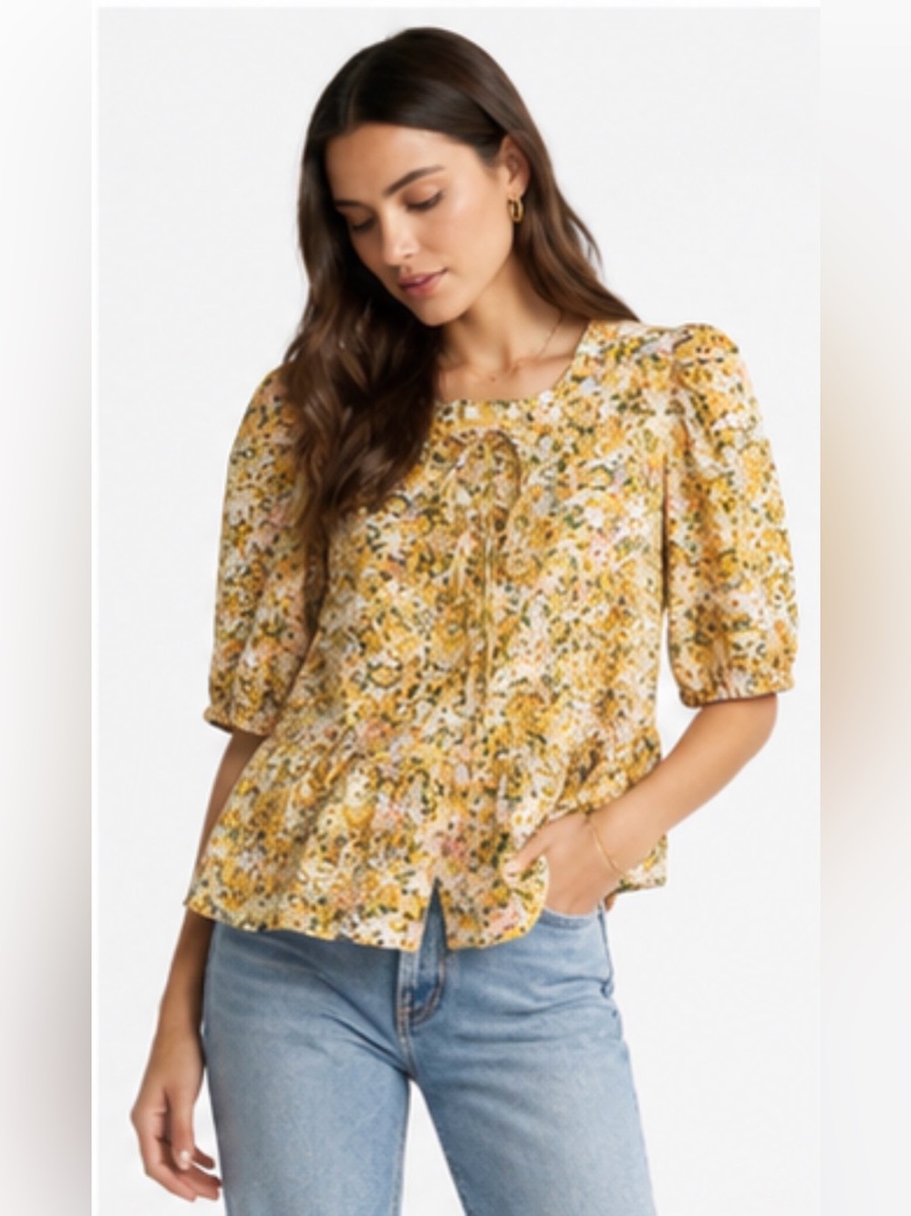 PARKER Floral Puff Sleeve Tie Front Peplum Blouse 100% Cotton